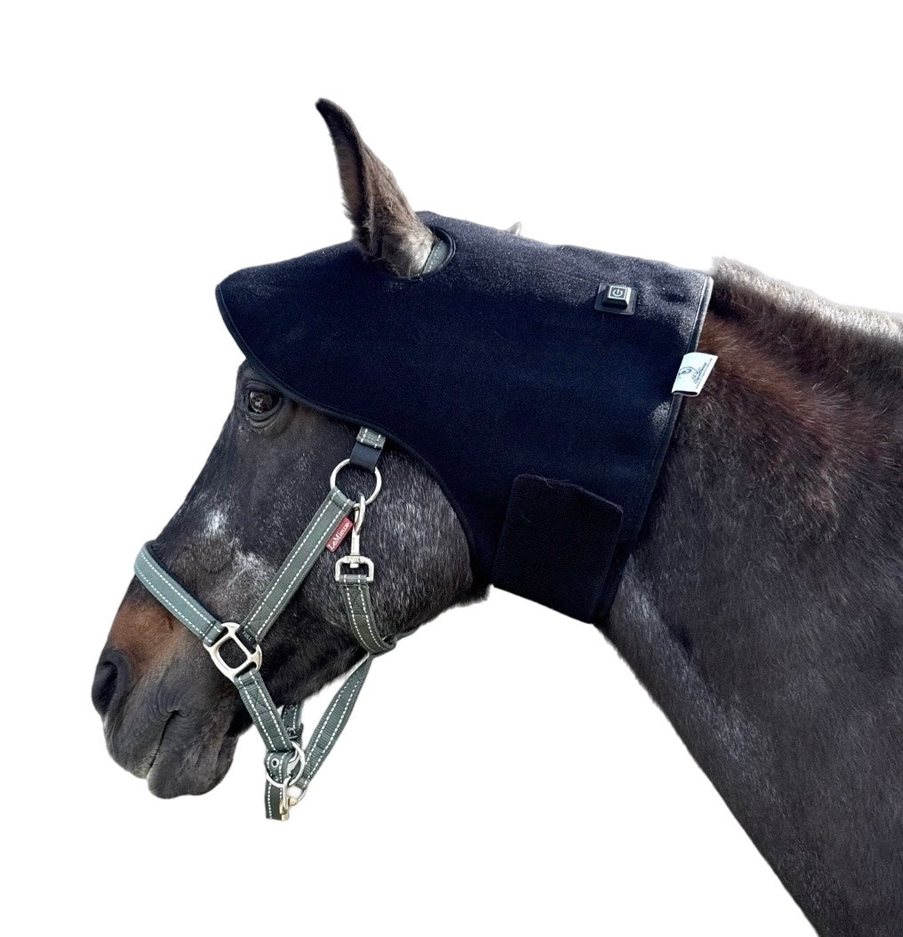 “Horse wearing red light therapy bonnet pad on poll region”
“Equine TMJ near-infrared LED pad close-up”
“Wireless calming LED bonnet for nervous horse before trailering”
“SV Equine Therapy head and poll light therapy device in use”